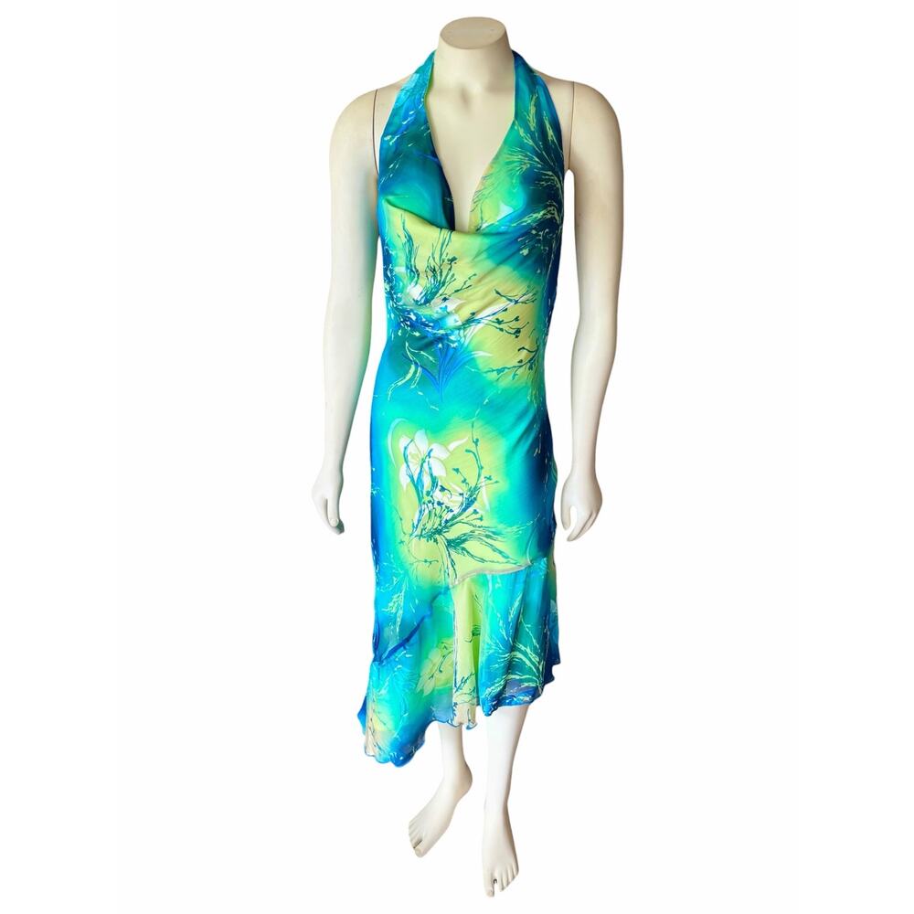 Cache Women's Size 12 Halter Dress Floral Watercolor Asymmetrical Hem Y2K - Picture 3 of 13